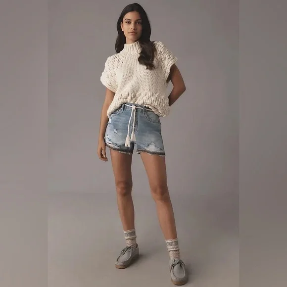 Anthropologie Pilcro Distressed Blue Jean Shorts with Embroidered Hem - Picture 3 of 13